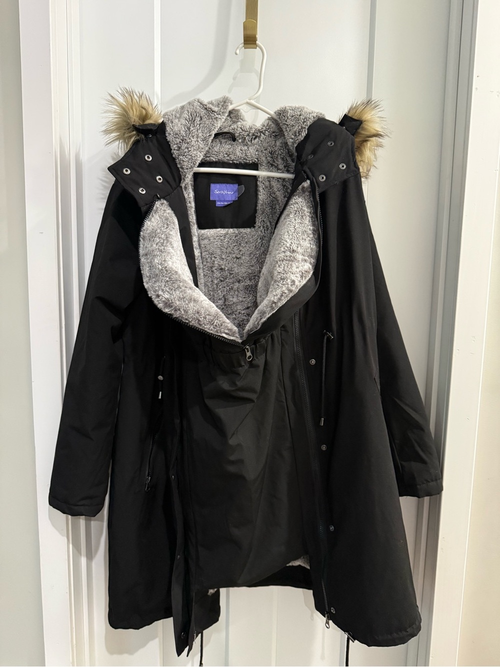 Seraphine Black Maternity Parka with Faux-Fur Trim